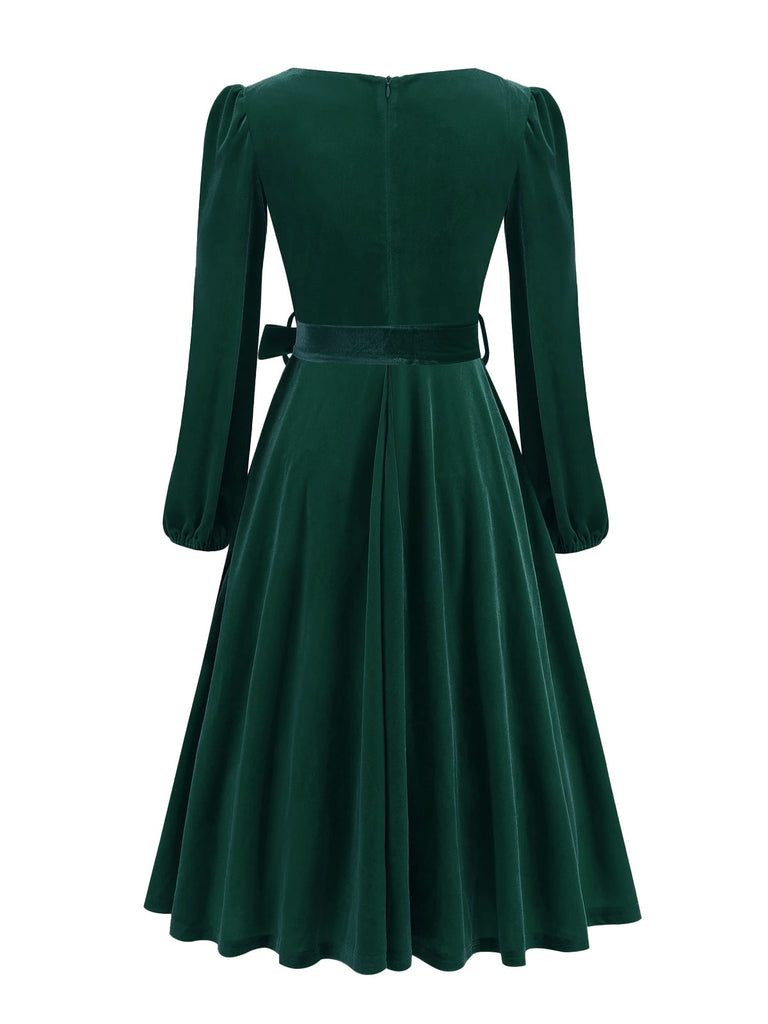 1950s Christmas Velvet Square Neck Long Sleeve Dress - vintage dress, retro fashion, rockabilly