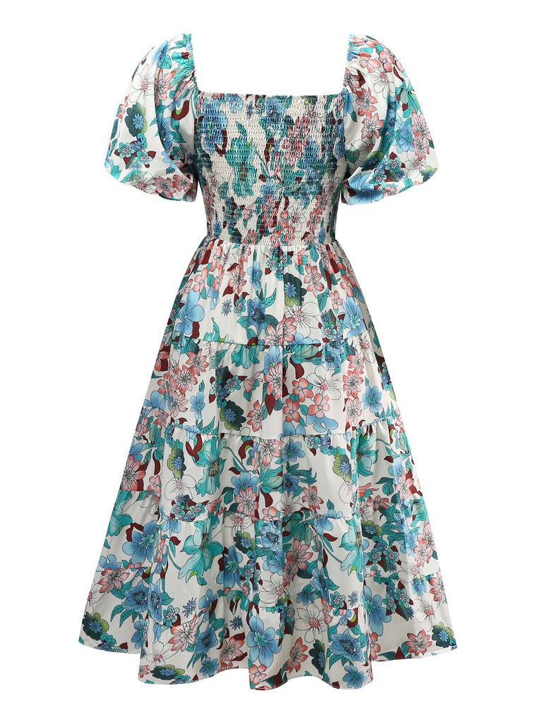 Green 1950s Floral Off-Shoulder Lantern Sleeve Bardot Dress - vintage dress, retro fashion, rockabilly