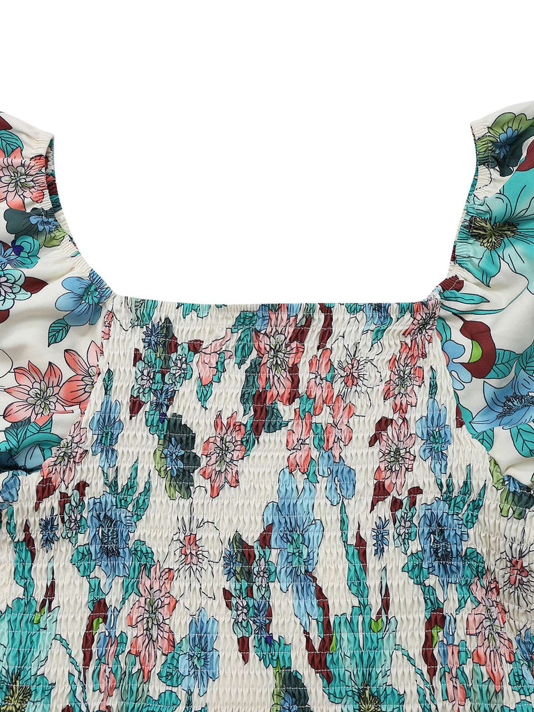 Green 1950s Floral Off-Shoulder Lantern Sleeve Bardot Dress - vintage dress, retro fashion, rockabilly