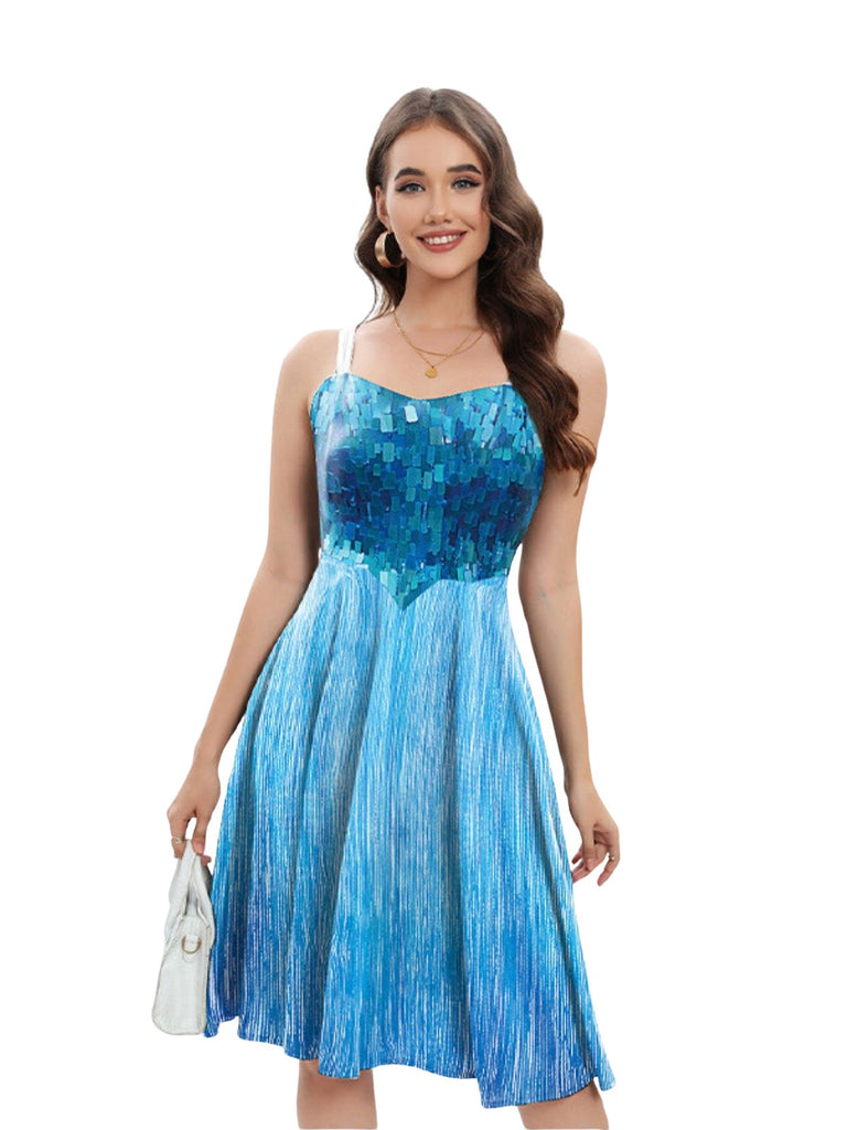 1950s Halloween Elsa Sequined Snowflake Spaghetti Strap Dress - vintage dress, retro fashion, rockabilly