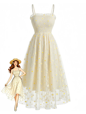 Light Yellow 1950s Daisy Embroidered Smocked Tulle Midi Dress - vintage dress, retro fashion, rockabilly