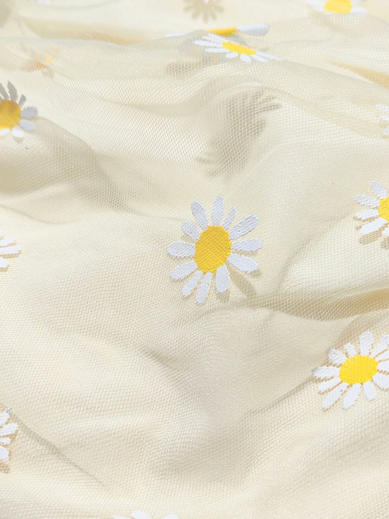 Light Yellow 1950s Daisy Embroidered Smocked Tulle Midi Dress - vintage dress, retro fashion, rockabilly