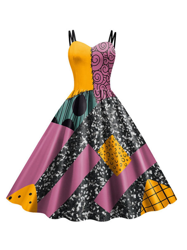 Multicolor 1950s Nightmare Before Christmas Sally Colorblock Dress - vintage dress, retro fashion, rockabilly
