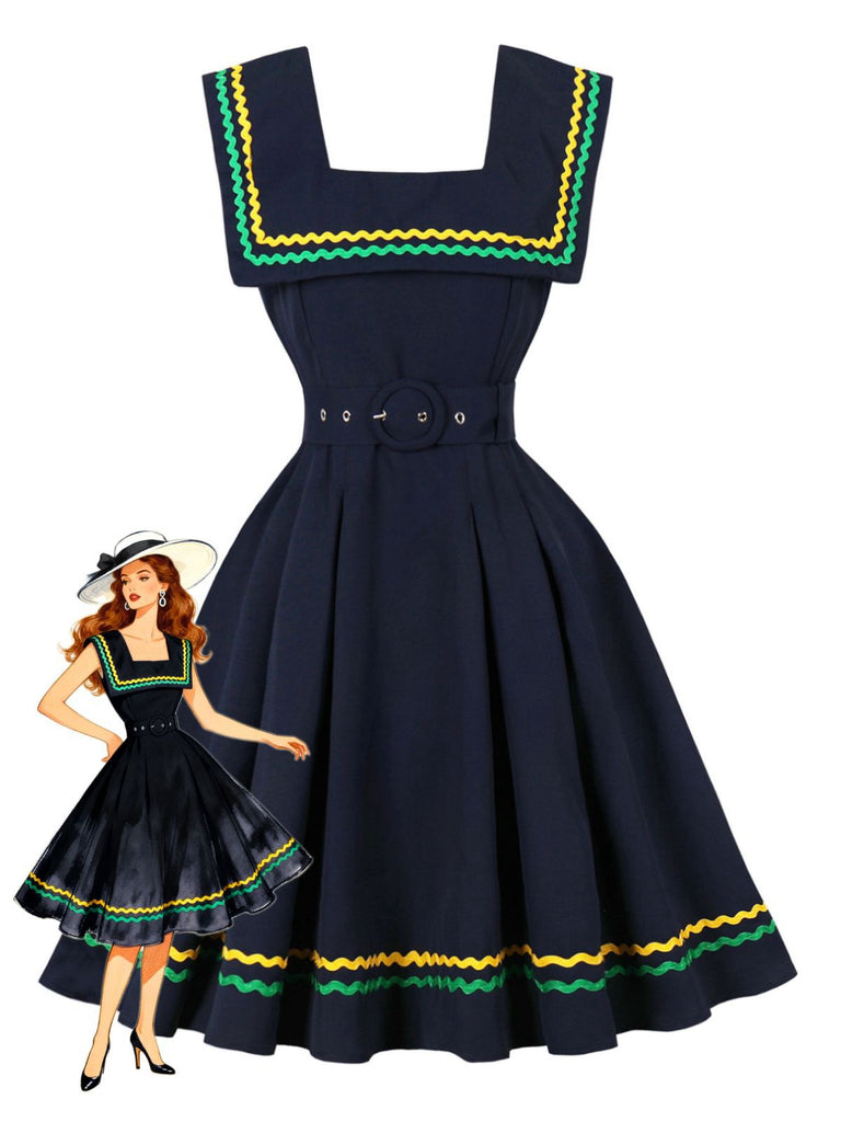 Navy Blue 1950s Square Neck Wavy Striped Sleeveless Dress - vintage dress, retro fashion, rockabilly
