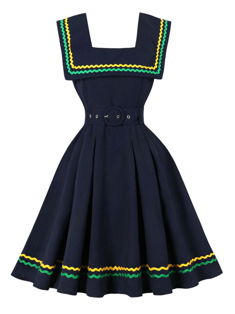 Navy Blue 1950s Square Neck Wavy Striped Sleeveless Dress - vintage dress, retro fashion, rockabilly