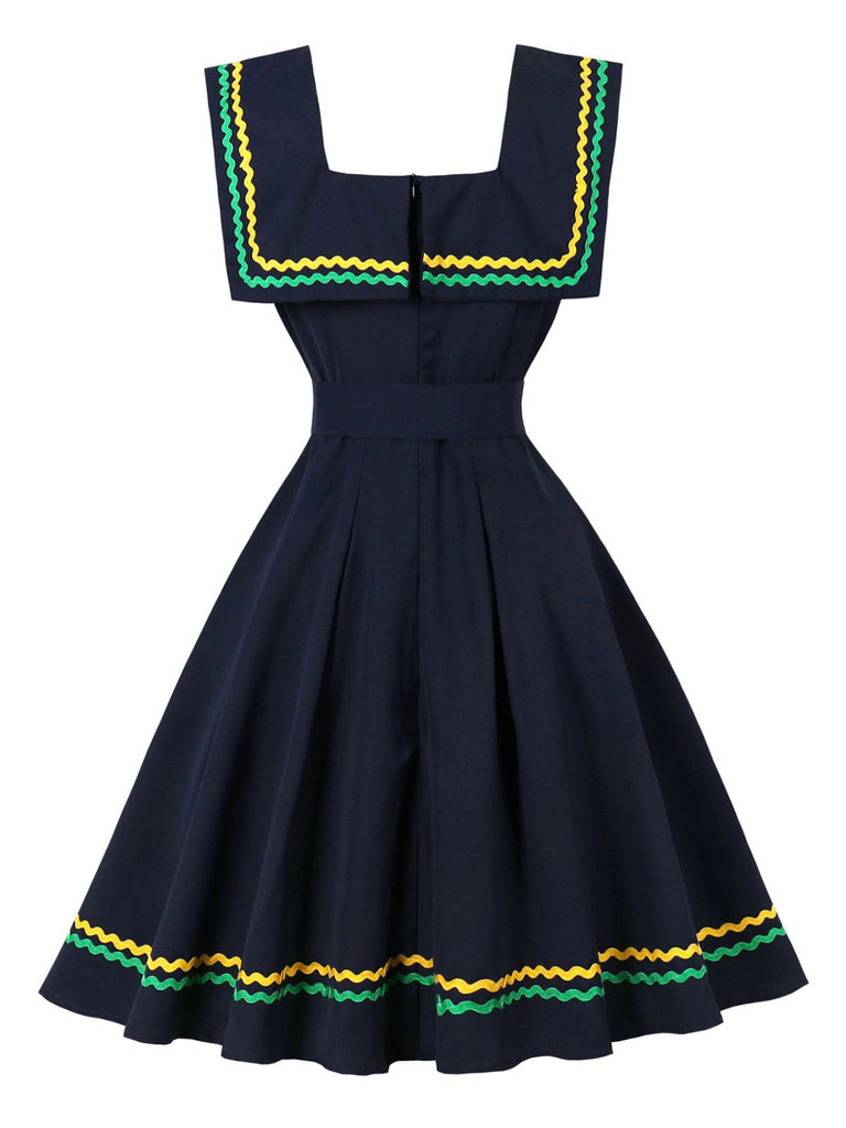 Navy Blue 1950s Square Neck Wavy Striped Sleeveless Dress - vintage dress, retro fashion, rockabilly