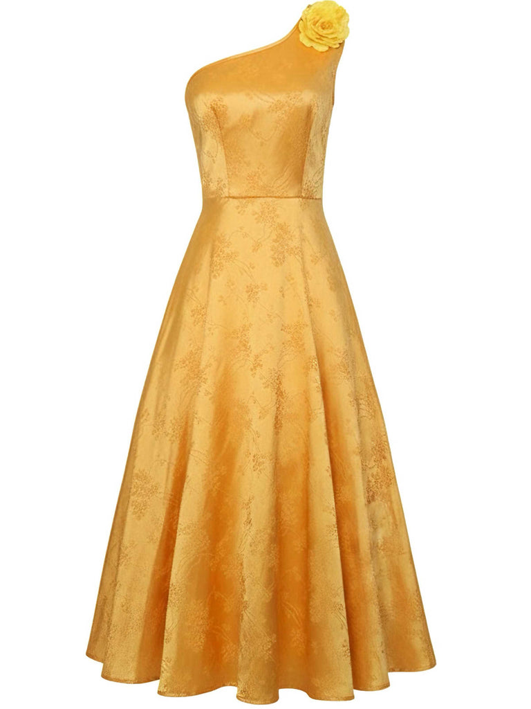 1950s One-Shoulder Jacquard Judy Cosplay Dress With 3D Floral Hairband - vintage dress, retro fashion, rockabilly