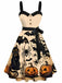 Orange 1950s Halloween Pumpkin Cat Bat Print Swing Dress - vintage dress, retro fashion, rockabilly