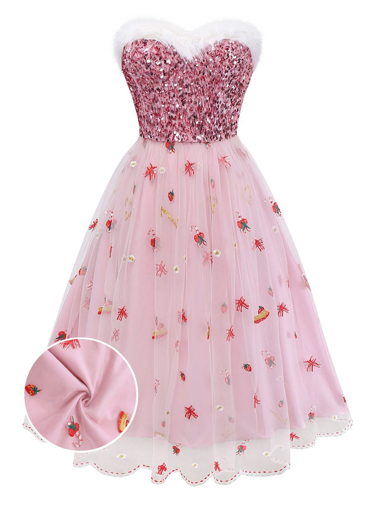 Pink 1950s Christmas Furry Strapless Sequined Mesh Dress - vintage dress, retro fashion, rockabilly