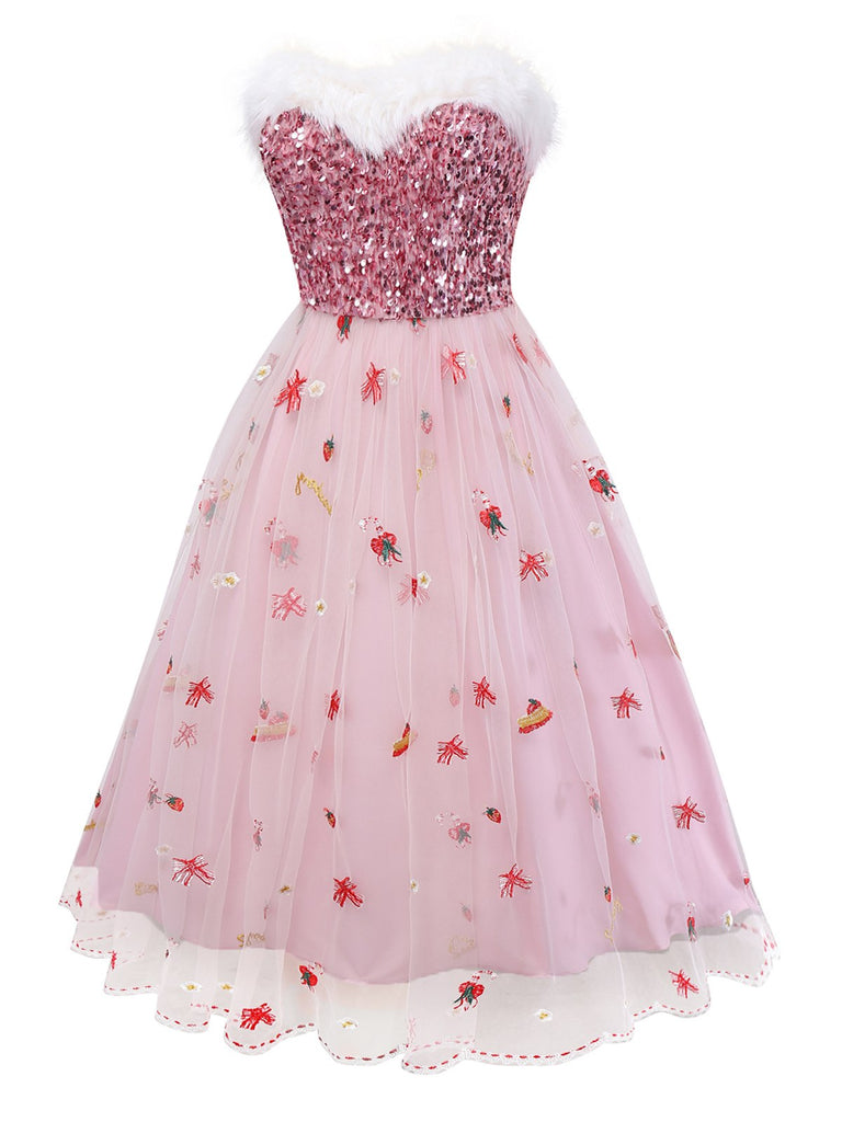 Pink 1950s Christmas Furry Strapless Sequined Mesh Dress - vintage dress, retro fashion, rockabilly