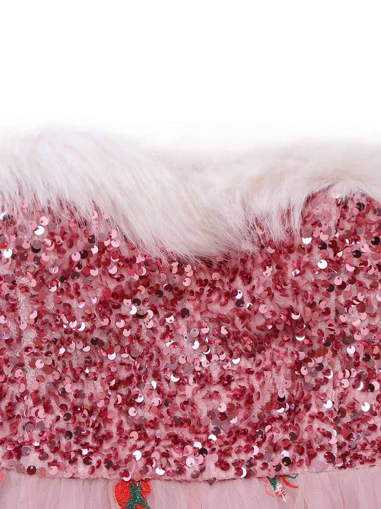 Pink 1950s Christmas Furry Strapless Sequined Mesh Dress - vintage dress, retro fashion, rockabilly