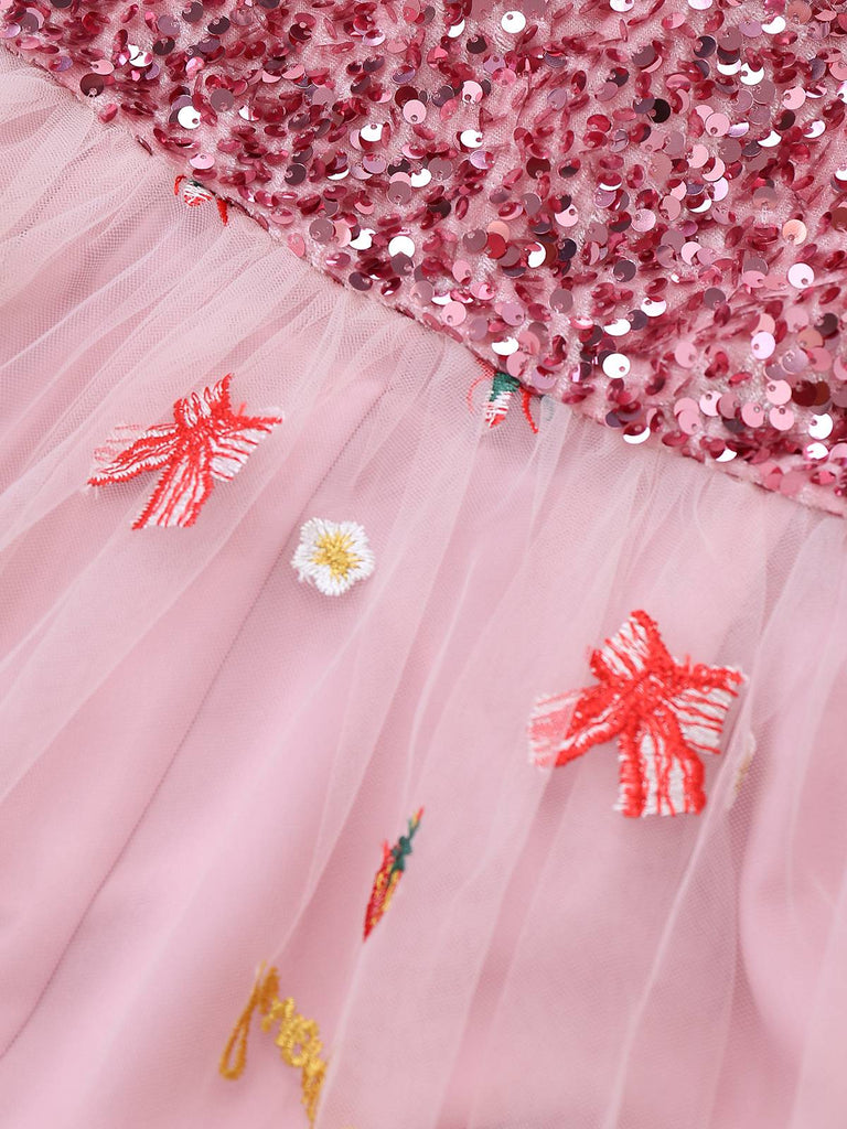 Pink 1950s Christmas Furry Strapless Sequined Mesh Dress - vintage dress, retro fashion, rockabilly