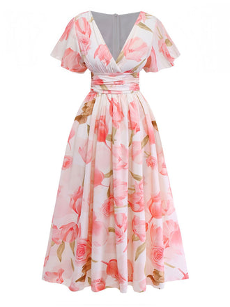 Pink 1950s Floral Print V-neck Puff-Sleeve Maxi Dress - vintage dress, retro fashion, rockabilly