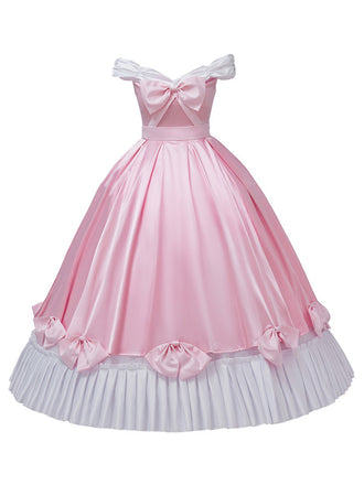 Pink 1950s Off-Shoulder Pleated Satin Bow Princess Dress - vintage dress, retro fashion, rockabilly