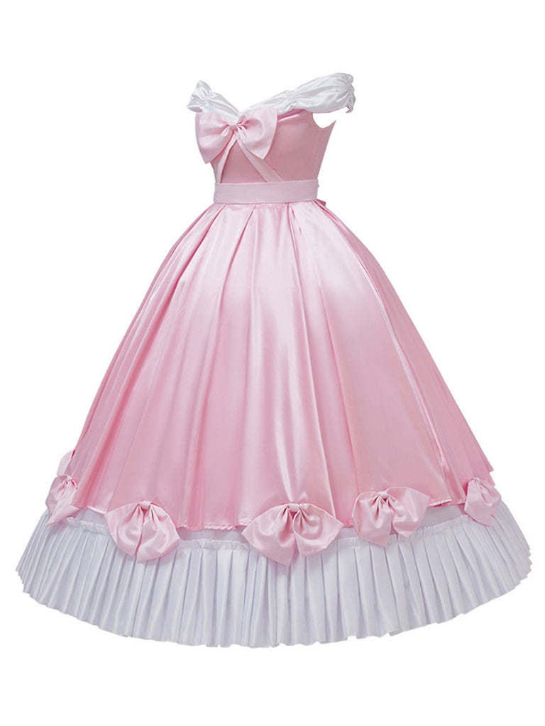 Pink 1950s Off-Shoulder Pleated Satin Bow Princess Dress - vintage dress, retro fashion, rockabilly