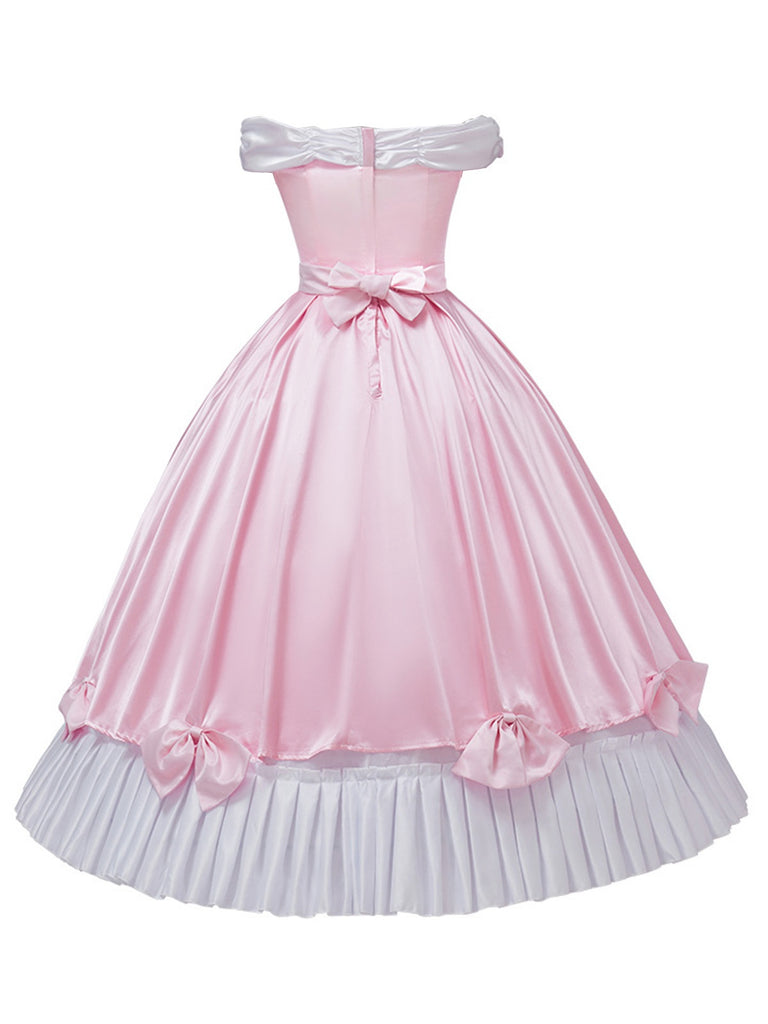 Pink 1950s Off-Shoulder Pleated Satin Bow Princess Dress - vintage dress, retro fashion, rockabilly