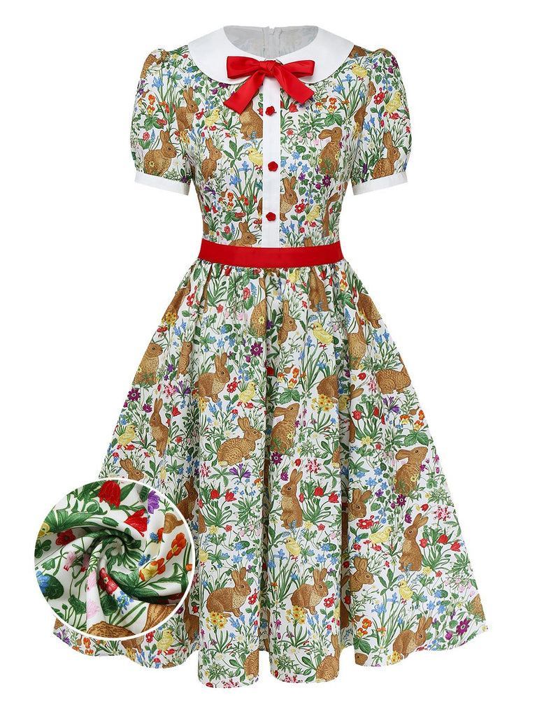 1950s Rabbit Floral Button Bow Peter Pan Collar Dress - vintage dress, retro fashion, rockabilly