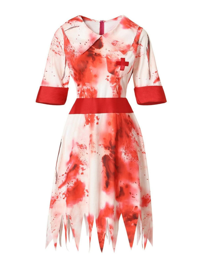 Red 1950s Halloween Zombie Nurse Blood Stains Dress - vintage dress, retro fashion, rockabilly