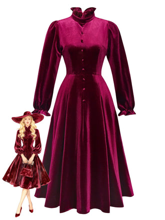 Red 1950s Velvet Ruffled Collar Lantern Sleeve Dress - vintage dress, retro fashion, rockabilly