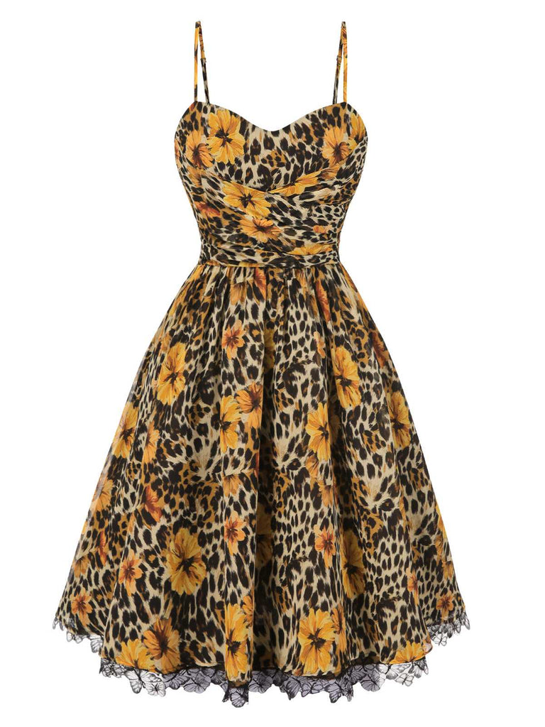 1950s Slip Leopard Sunflower Butterflies Lace Dress - vintage dress, retro fashion, rockabilly
