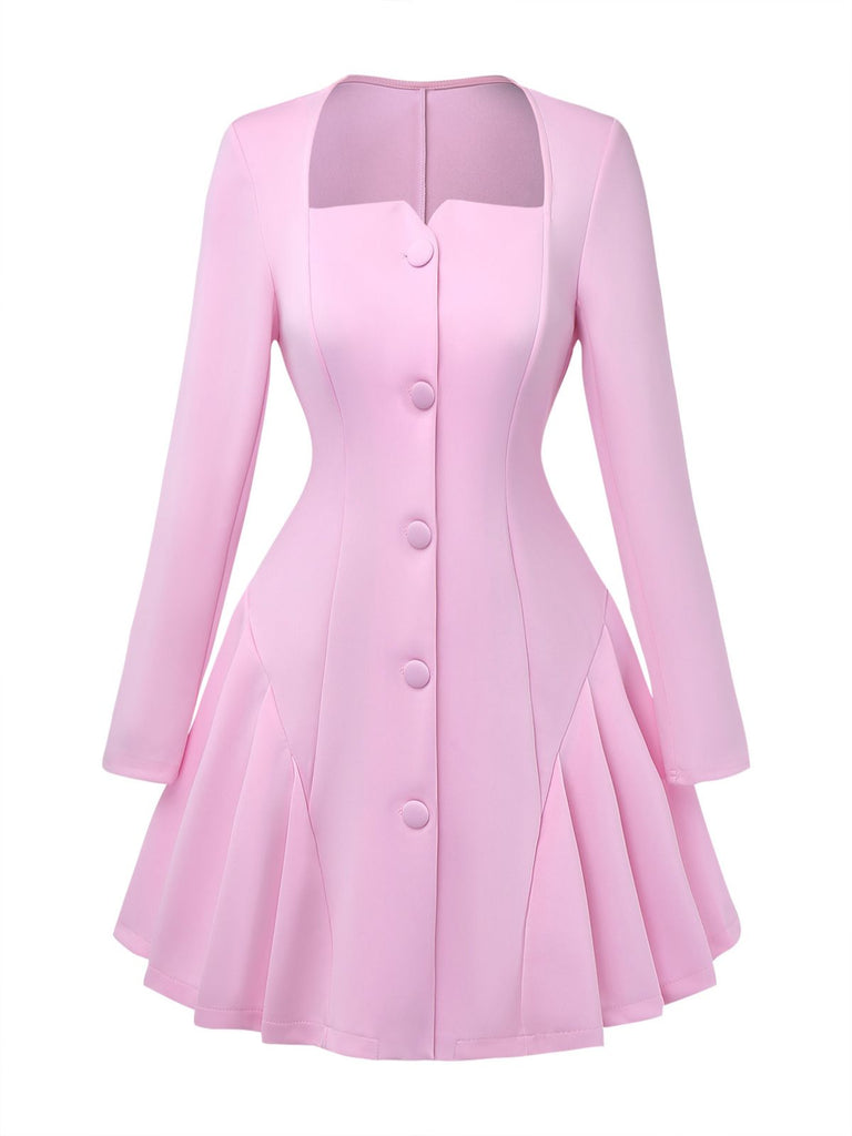 1950s Sweetheart Neck Long Sleeve Solid Pleated Dress - vintage dress, retro fashion, rockabilly