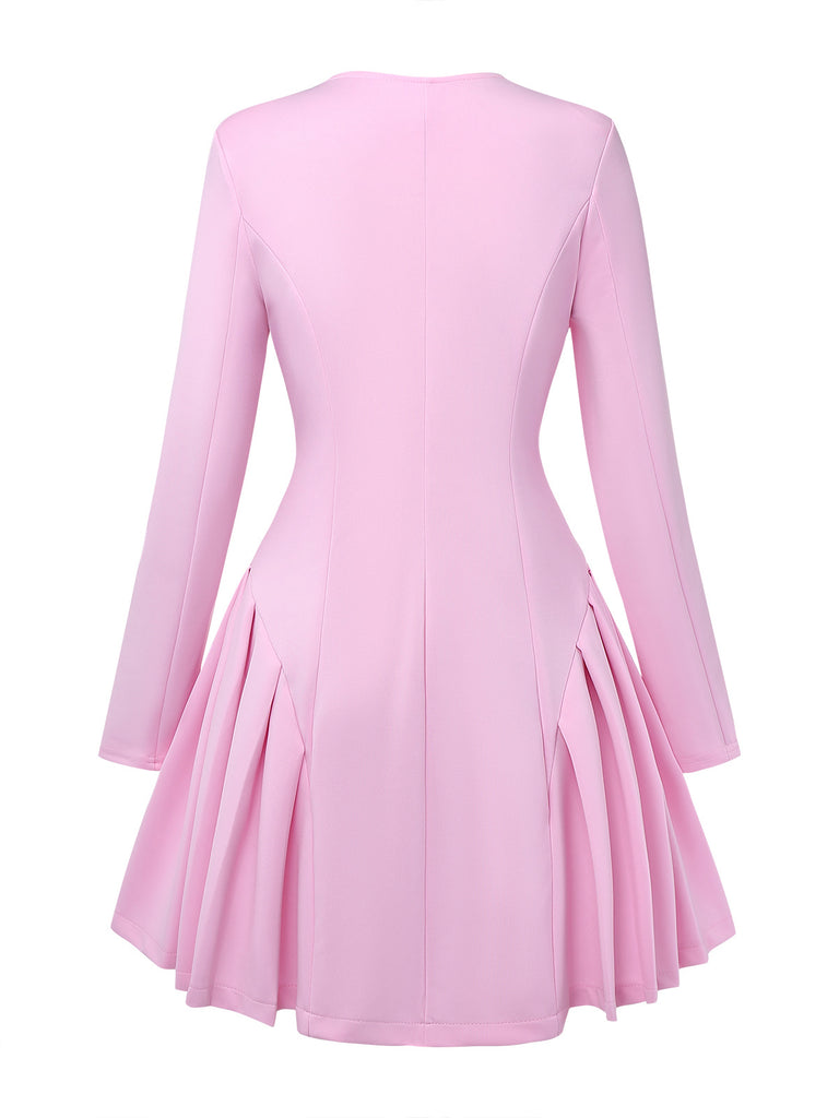 1950s Sweetheart Neck Long Sleeve Solid Pleated Dress - vintage dress, retro fashion, rockabilly