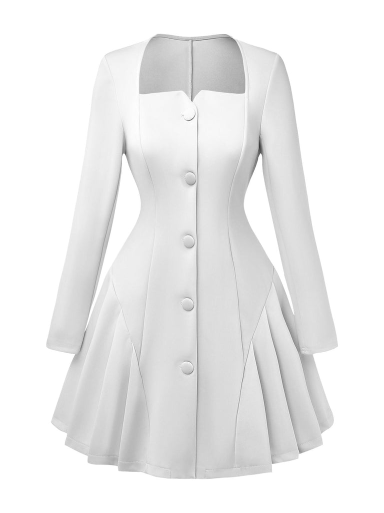 1950s Sweetheart Neck Long Sleeve Solid Pleated Dress - vintage dress, retro fashion, rockabilly