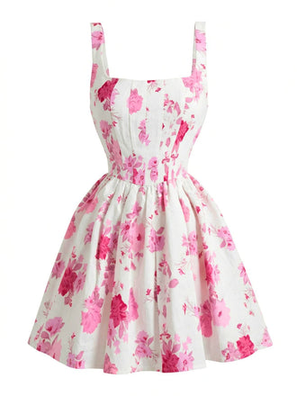 White 1950s Pink Floral Square-Neck Sleeveless Mini Dress - vintage dress, retro fashion, rockabilly