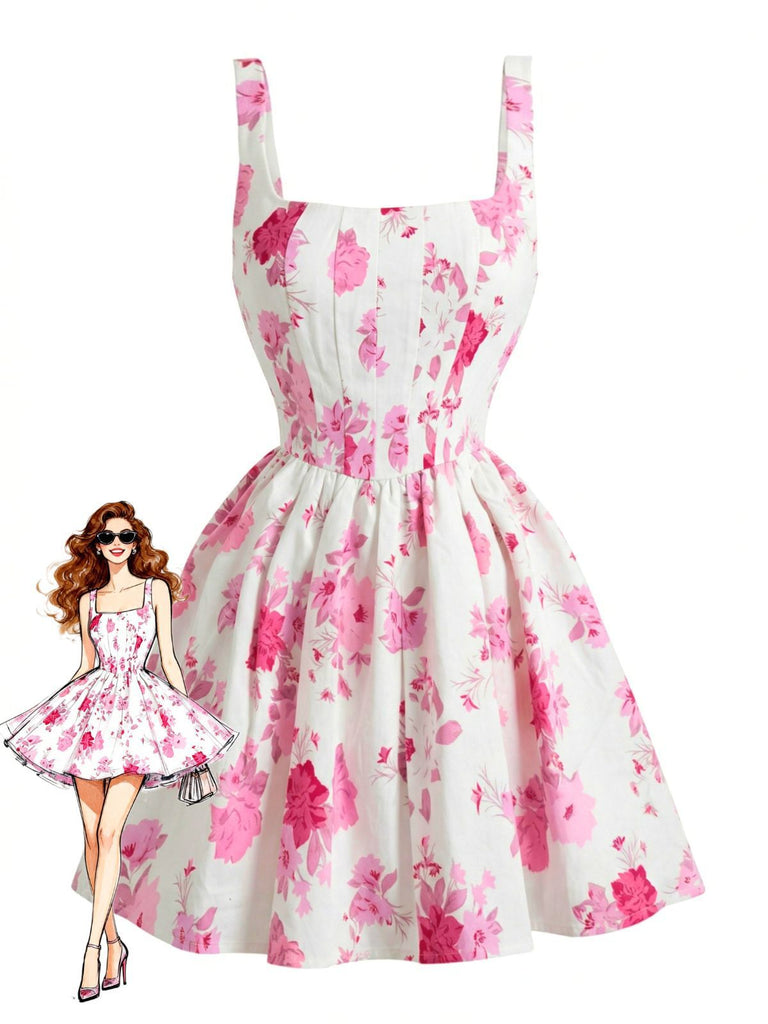 White 1950s Pink Floral Square-Neck Sleeveless Mini Dress - vintage dress, retro fashion, rockabilly