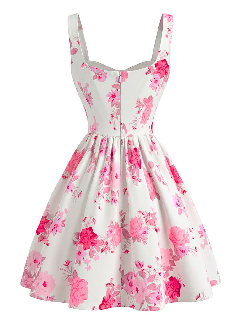 White 1950s Pink Floral Square-Neck Sleeveless Mini Dress - vintage dress, retro fashion, rockabilly