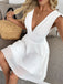 White 1950s Plunging Smocked Waist Textured Sleeveless Dress - vintage dress, retro fashion, rockabilly