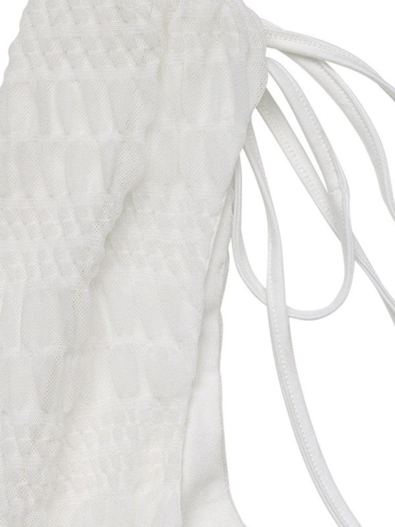 White 1950s Plunging Smocked Waist Textured Sleeveless Dress - vintage dress, retro fashion, rockabilly