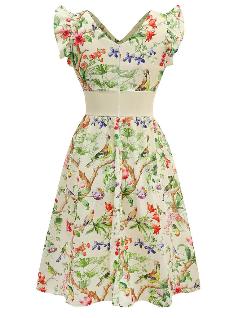 Yellow 1950s Floral Birds Ruffled Flutter Sleeve Dress - vintage dress, retro fashion, rockabilly