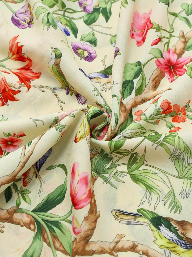 Yellow 1950s Floral Birds Ruffled Flutter Sleeve Dress - vintage dress, retro fashion, rockabilly
