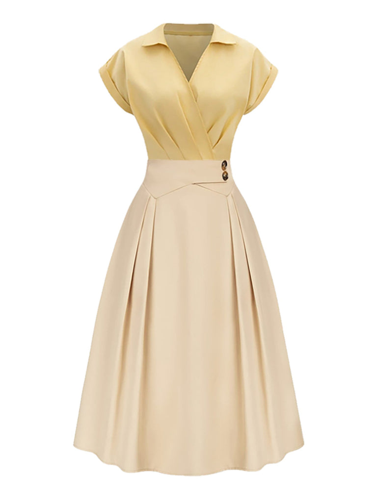 Yellow 1950s Johnny Collar Pleated Patchwork Cotton Dress - vintage dress, retro fashion, rockabilly