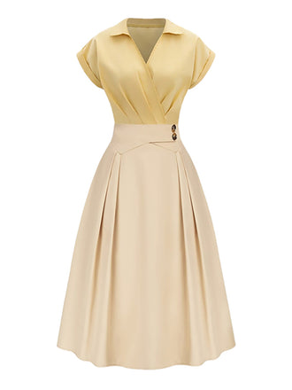 Yellow 1950s Johnny Collar Pleated Patchwork Cotton Dress - vintage dress, retro fashion, rockabilly
