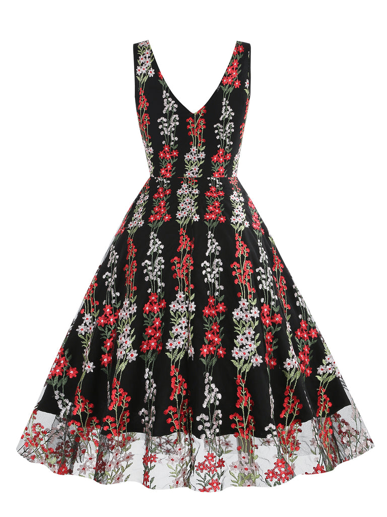 1950s Embroidered Floral V-Neck Swing Dress — vintage elegance for the modern woman
