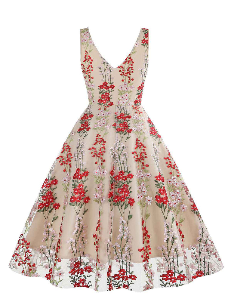1950s Embroidered Floral V-Neck Swing Dress: timeless style reimagined
