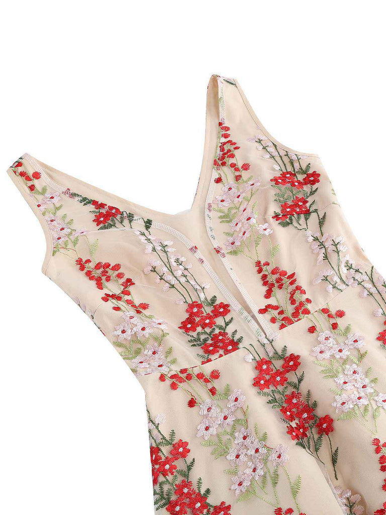 1950s Embroidered Floral V-Neck Swing Dress — vintage elegance for the modern woman
