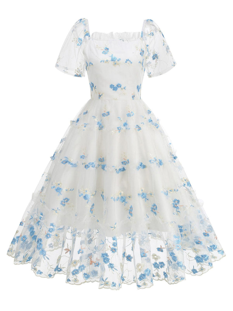 1950s Embroidered Flowers Mesh Puff Sleeve Dress - vintage dress, retro fashion, rockabilly