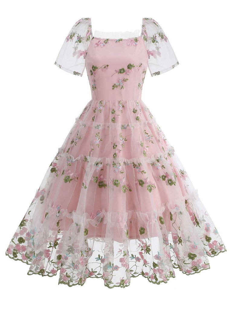 1950s Embroidered Flowers Mesh Puff Sleeve Dress - vintage dress, retro fashion, rockabilly