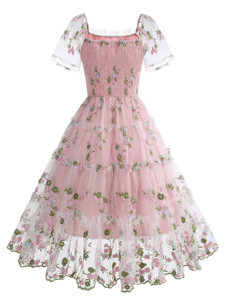 1950s Embroidered Flowers Mesh Puff Sleeve Dress - vintage dress, retro fashion, rockabilly