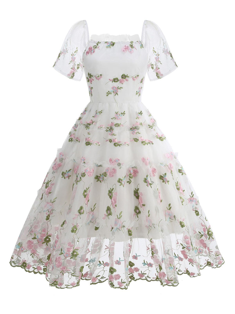 1950s Embroidered Flowers Mesh Puff Sleeve Dress - vintage dress, retro fashion, rockabilly