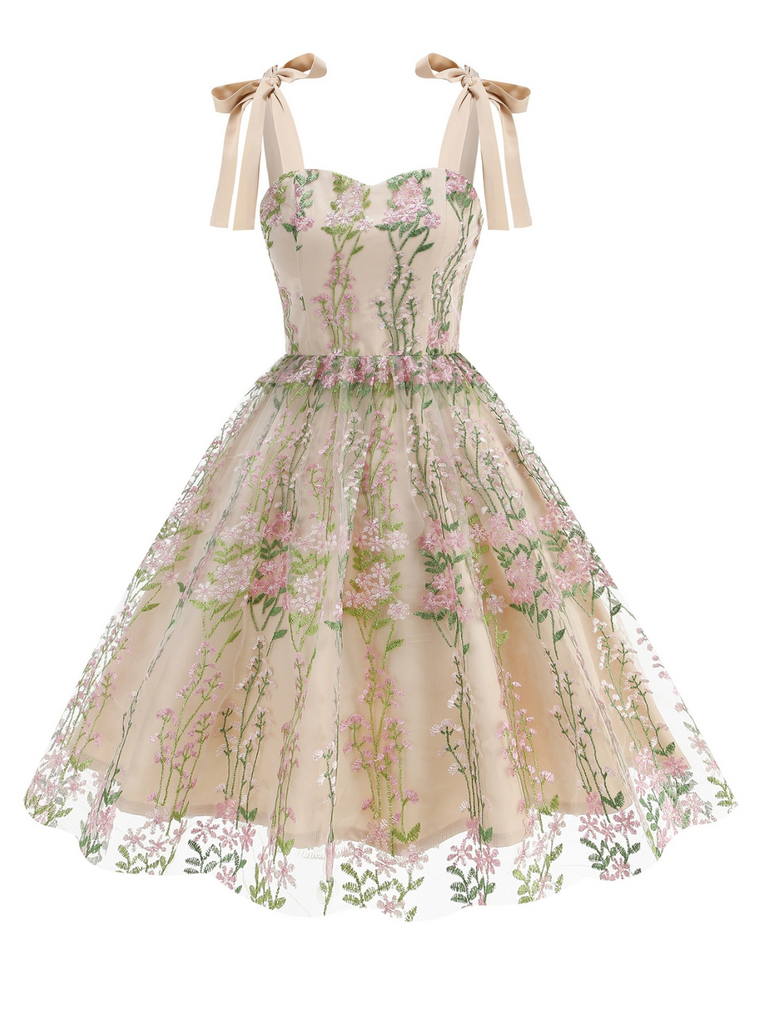 She slips into this 1950s Embroidered Mesh Lace-Up Sweetheart Neck Dress and suddenly it's a 1950s daydream