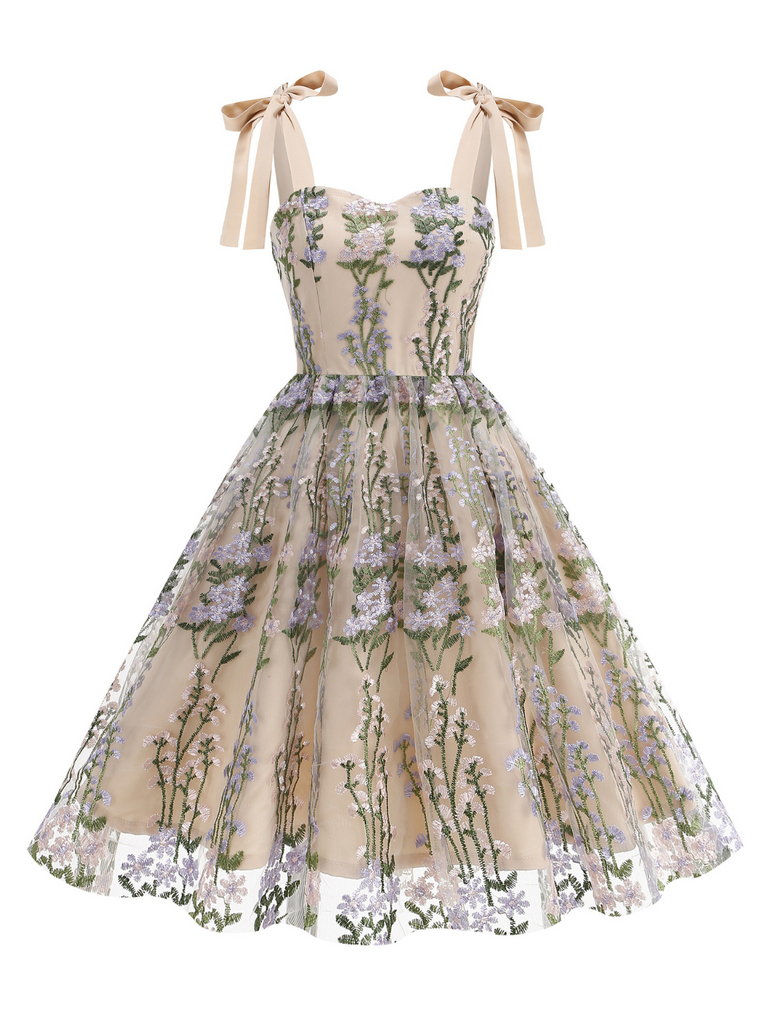1950s Embroidered Mesh Lace-Up Sweetheart Neck Dress: where 1950s romance meets her modern spirit