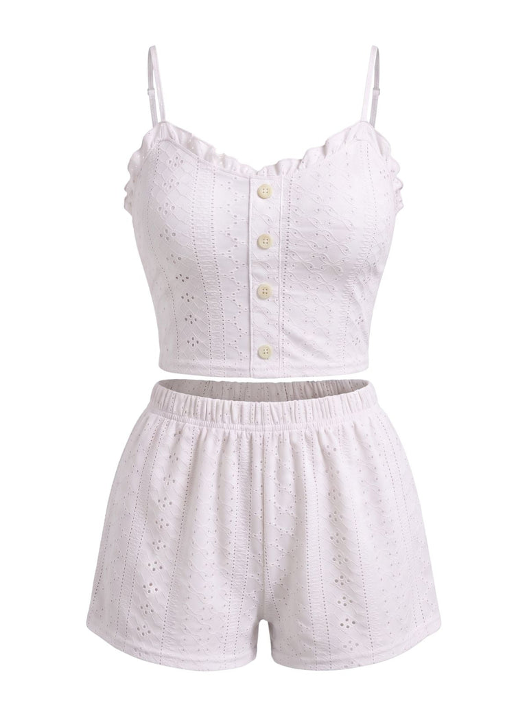 Pink 1950s Spaghetti Strap Ruffle Pajama Set 9