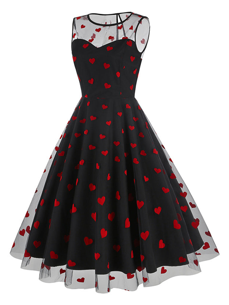 1950s Flocked Heart Mesh Patchwork Dress: where 1950s romance meets her modern spirit