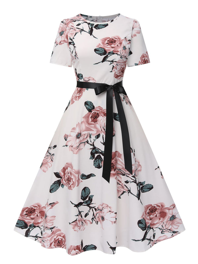 1950s Floral Bow Short Sleeve Swing Dress, vintage dress, retro fashion, rockabilly, pin-up fashion - perfect for women who love vintage and retro fashion