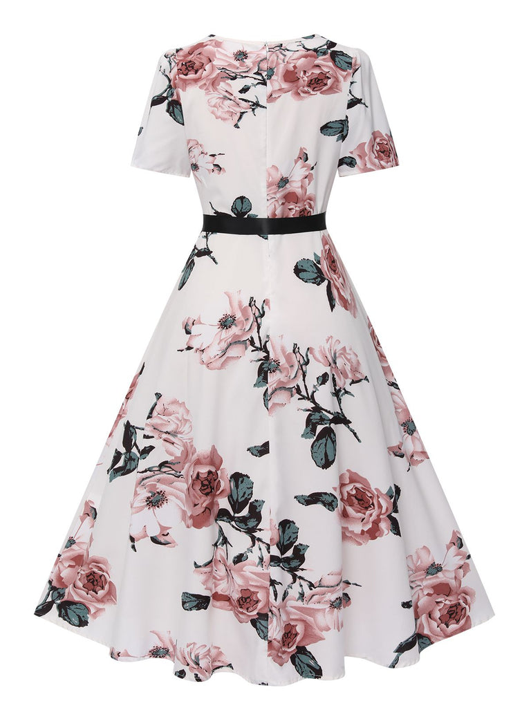 1950s Floral Bow Short Sleeve Swing Dress, vintage dress, retro fashion, rockabilly, pin-up fashion - perfect for women who love vintage and retro fashion