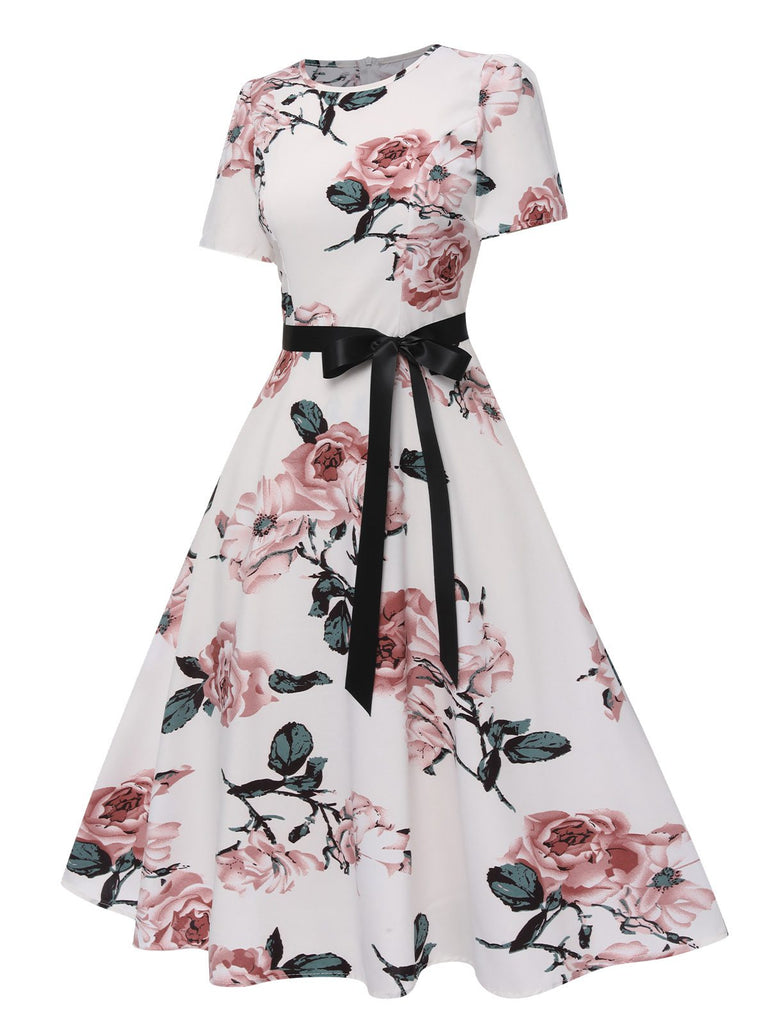 1950s Floral Bow Short Sleeve Swing Dress, vintage dress, retro fashion, rockabilly, pin-up fashion - perfect for women who love vintage and retro fashion